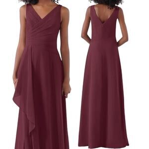 Azazie Empire Waist Gown Draped Front Mesh Overlay Maxi V Neck Burgundy Womens 8